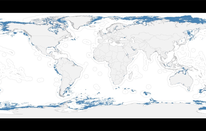 A map showing the extent and distribution of highly productive waters with  relative low level of human impact (blue areas in the map).